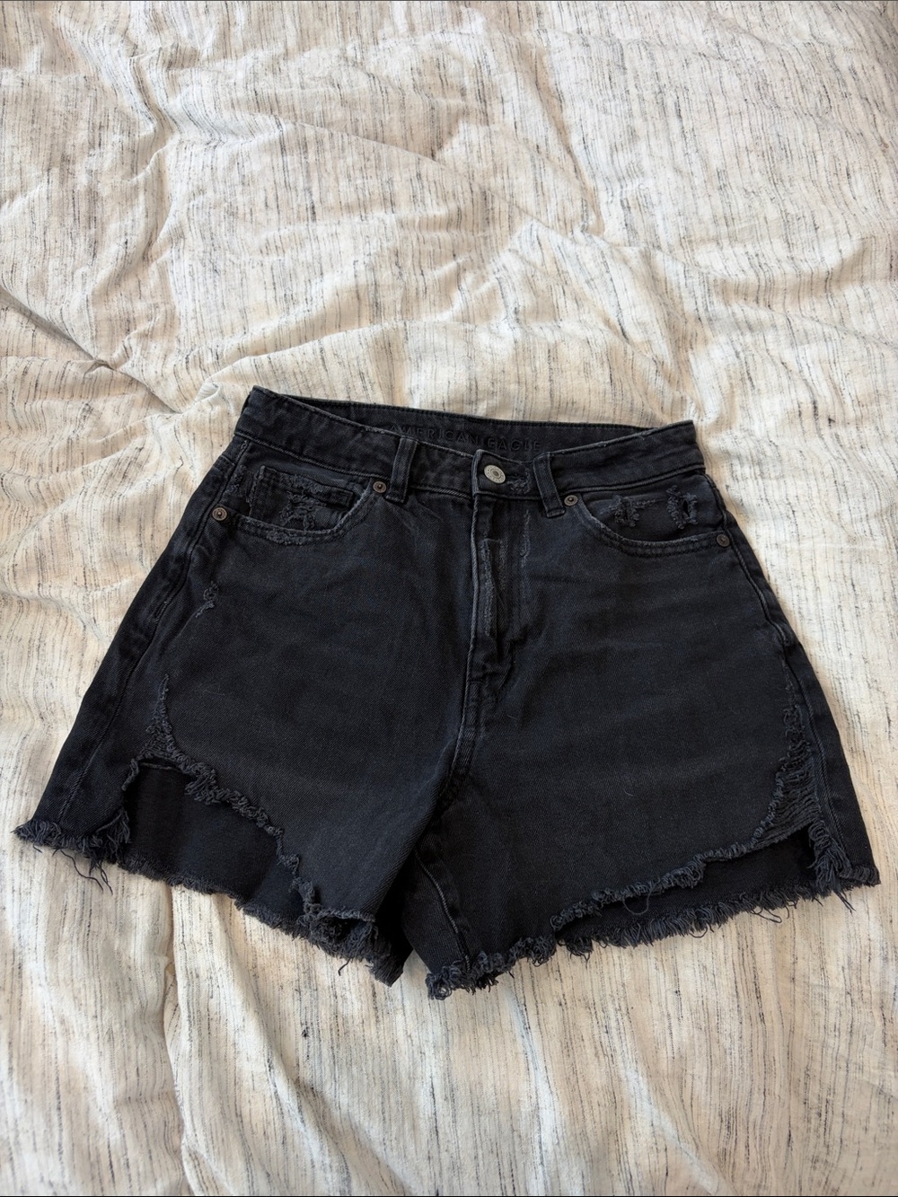 High-Rise Distressed Black Denim Shorts